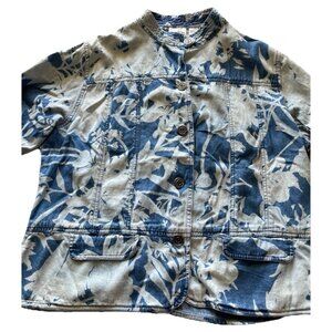 Chico's Floral Bleach Holland Denim Jacket Sz 3 Blue Button Up Mandarin Collar